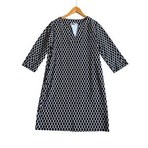 Aryeh Women's Sz M Black & White Honeycomb Shift Dress 3/4 Sleeve V-Neck